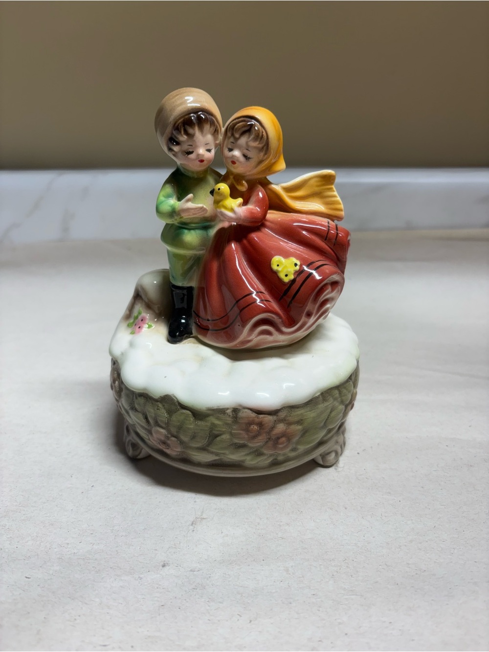 Vintage Ceramic Figurine Music Box — Boy and Girl with Chick